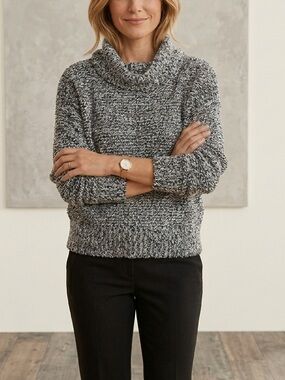 Eileen Fisher Cashmere Cotton Marled Turtleneck Sweater Black White -XS